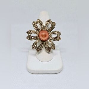 Oversized Floral Statement Ring Gold Tone Orange Cabochon Rhinestone
